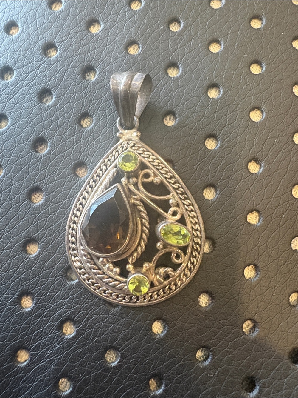 Sterling Silver Teardrop Pendant with Smoky Quartz and Peridot Accents